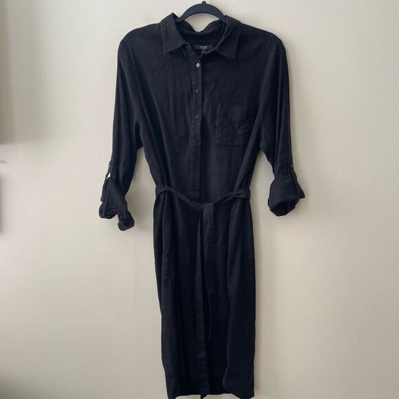 NYDJ Black Linen Belted Shirt Dress 3/4 Sleeve Rolled Cuff Black Size Medium NEW - Picture 2 of 6